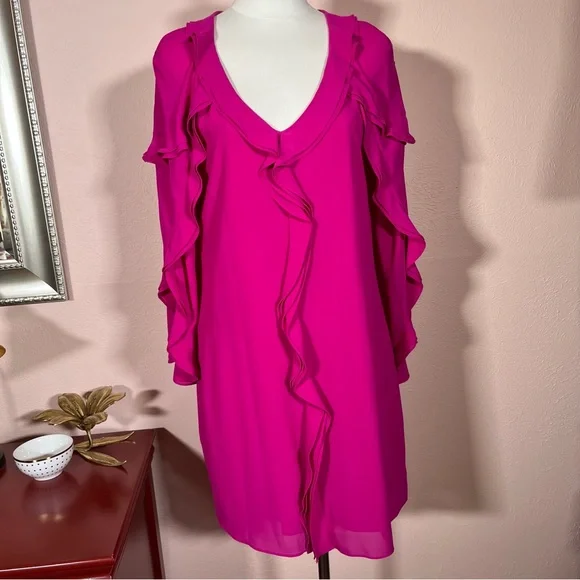NEW Belle Badgley Mischka Magenta Long Sleeve Ruffle front Mini cocktail Dress - Picture 5 of 17